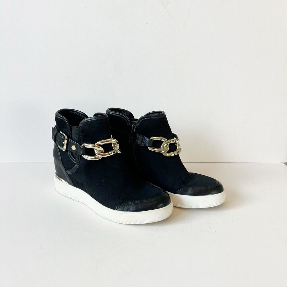 Aldo Ficacea Fashion Wedge Sneaker Booties Buckle And Chain Detail Black Size 6